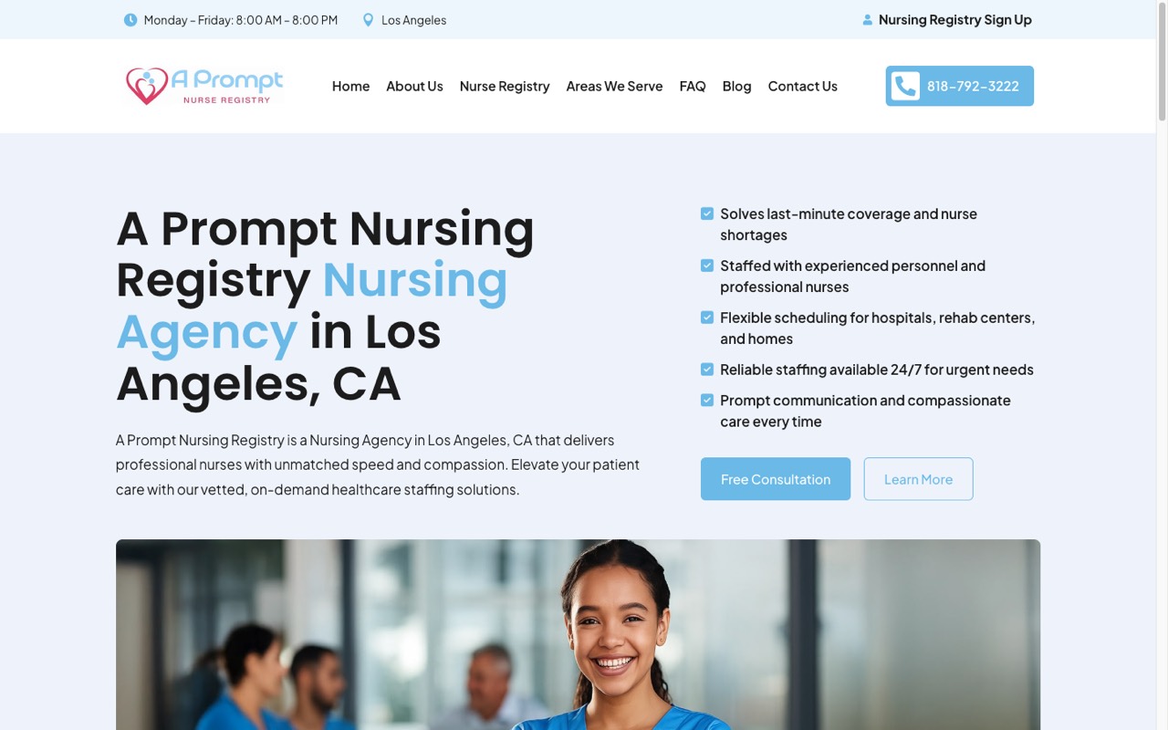 A Prompt Nursing Registry website built by Spectral Vision